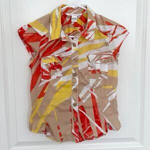 Diane Von Furstenberg Abstract Cap Sleeve Pleated Button Down Top 2